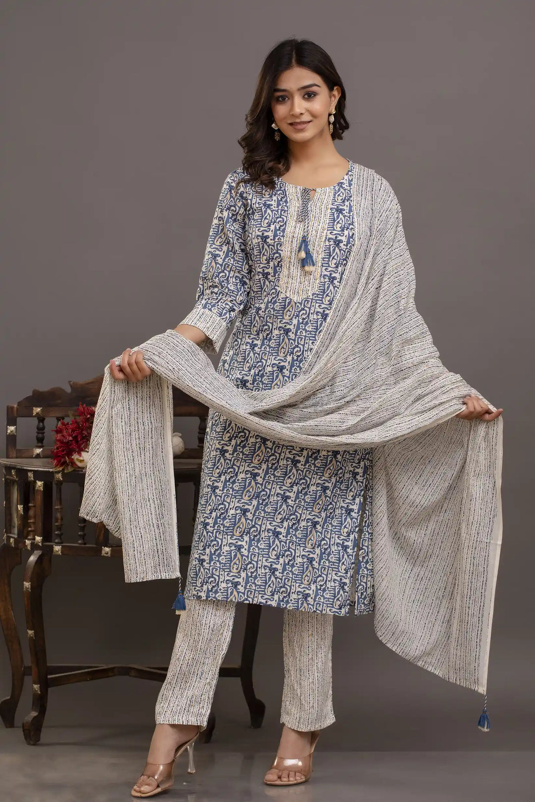 Elegant Blue Rayon Cotton Suit Set | Printed & Embroidered Design