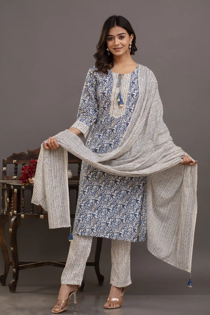 Elegant Blue Rayon Cotton Suit Set | Printed & Embroidered Design