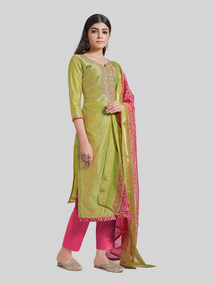 Indian Stylish Chanderi Silk Kurti Set | Embroidery & Digital Prints For Festive Wear