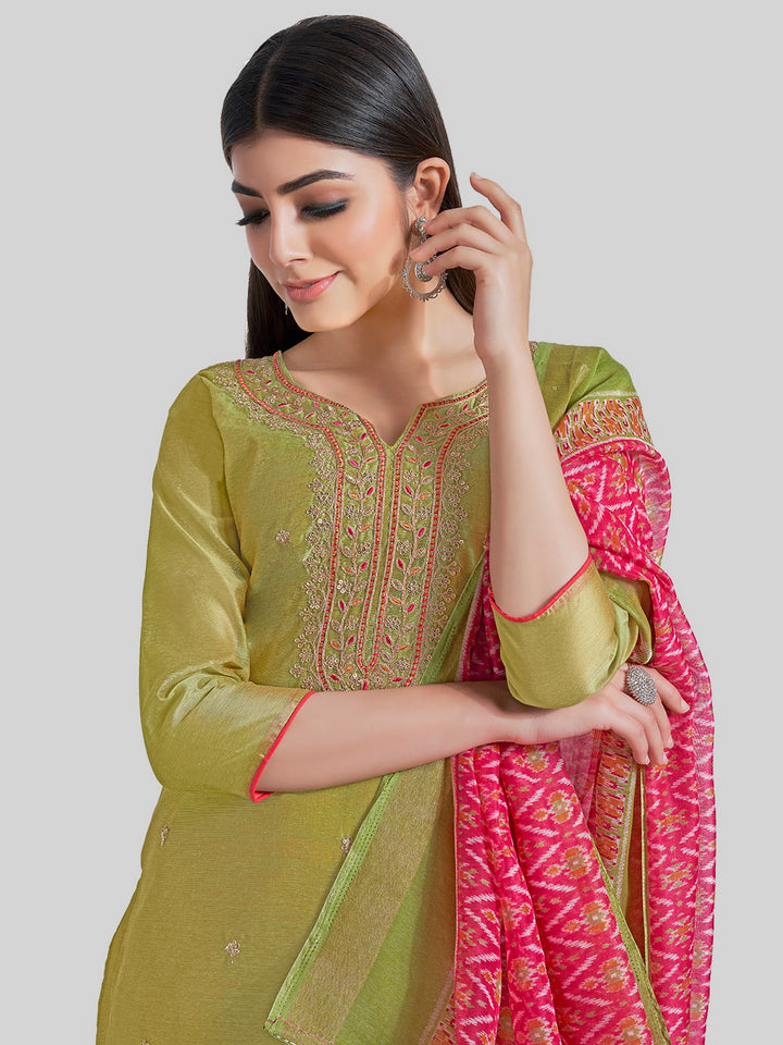 Indian Stylish Chanderi Silk Kurti Set | Embroidery & Digital Prints For Festive Wear