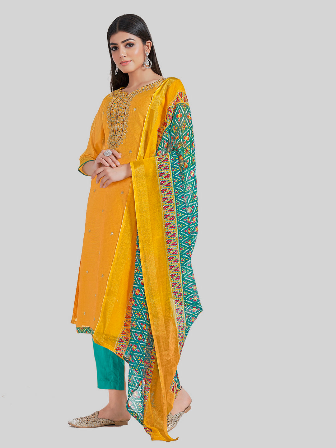 Indian Stylish Chanderi Silk Kurti Set | Embroidery & Digital Prints For Festive Wear