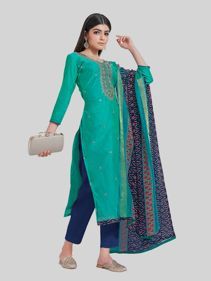 Indian Stylish Chanderi Silk Kurti Set | Embroidery & Digital Prints For Festive Wear