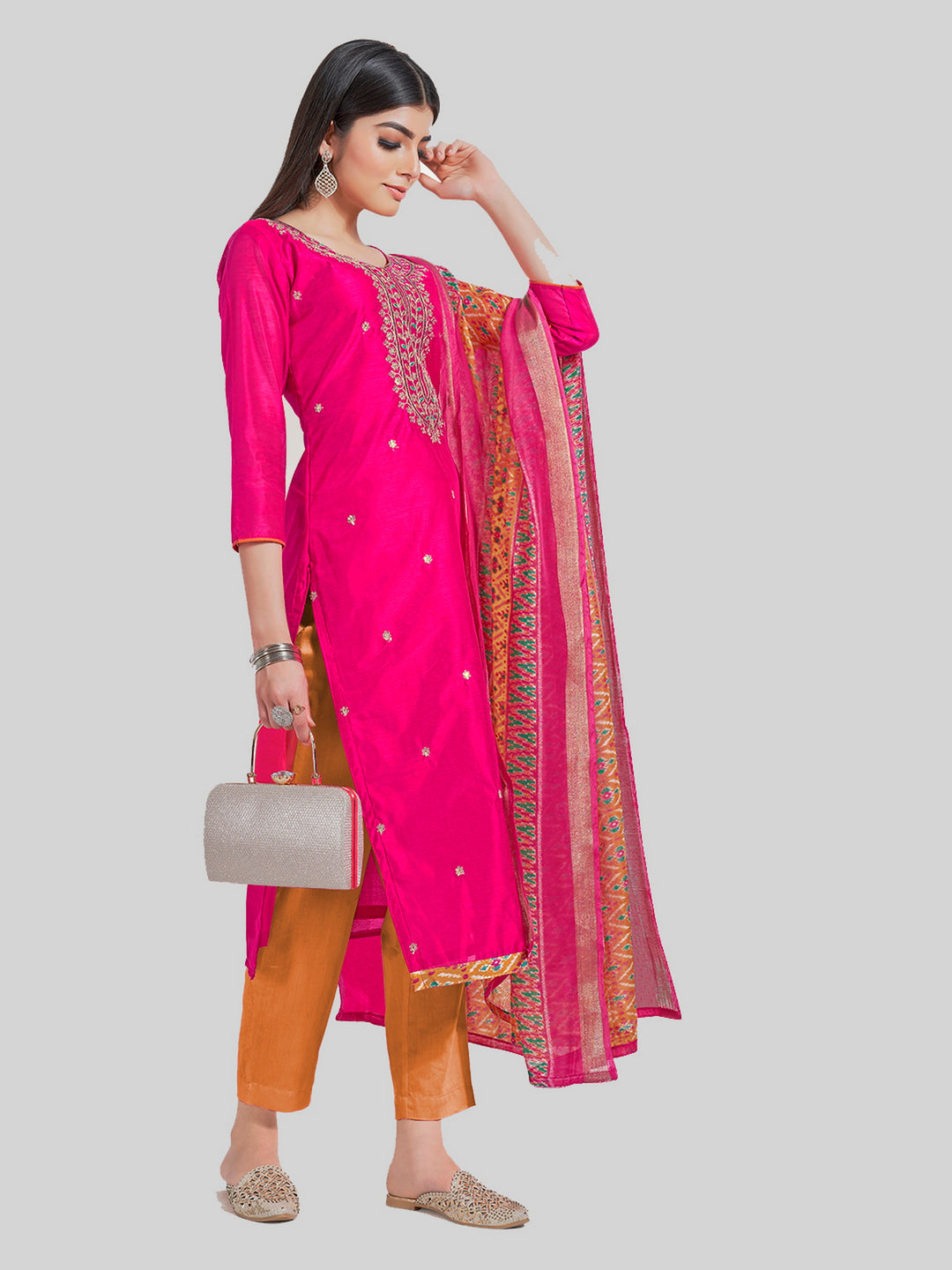 Indian Stylish Chanderi Silk Kurti Set | Embroidery & Digital Prints For Festive Wear
