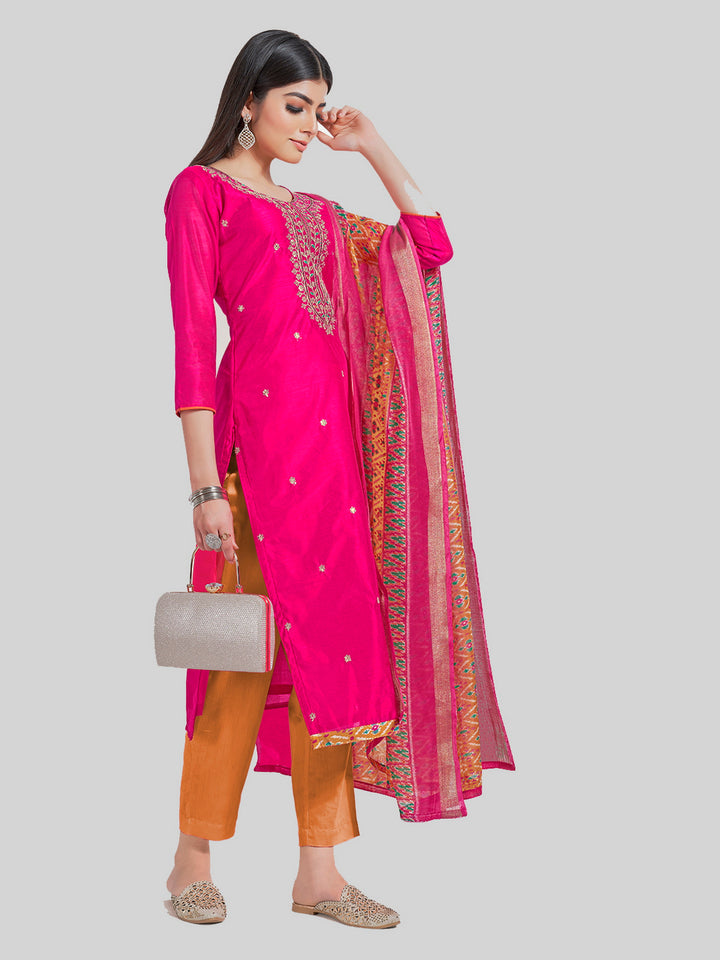 Indian Stylish Chanderi Silk Kurti Set | Embroidery & Digital Prints For Festive Wear
