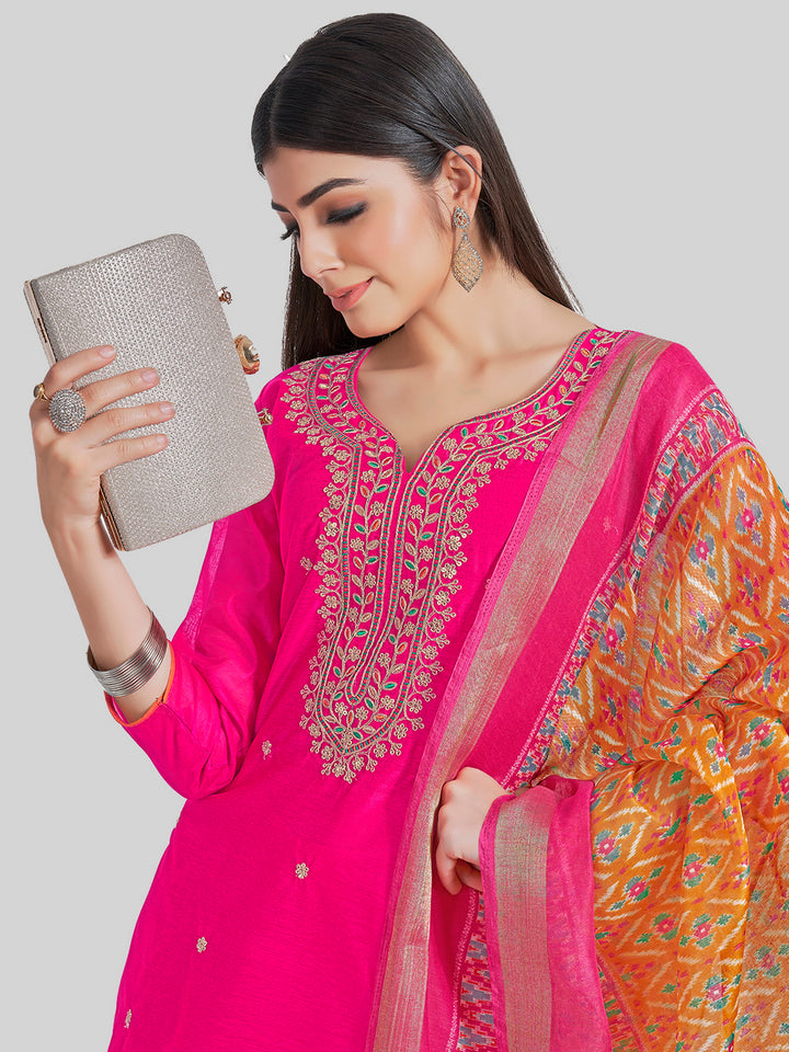 Indian Stylish Chanderi Silk Kurti Set | Embroidery & Digital Prints For Festive Wear