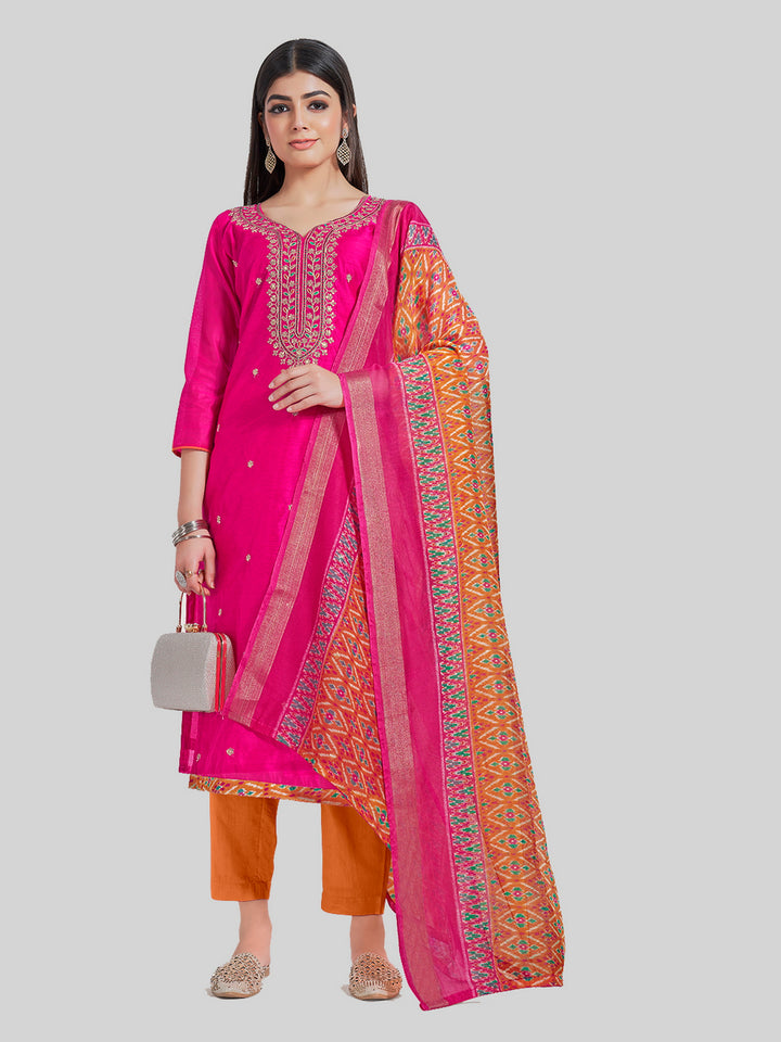 Indian Stylish Chanderi Silk Kurti Set | Embroidery & Digital Prints For Festive Wear