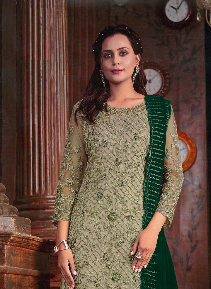 Party Wear Green Palazzo Suit | Round Neck with Calf-Length Design