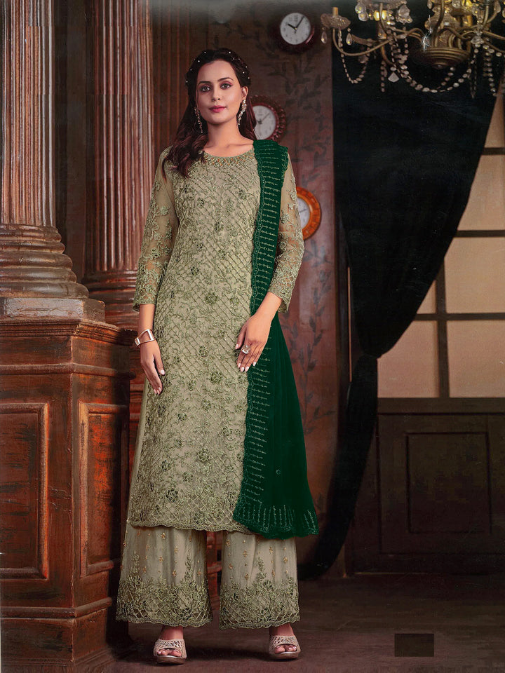 Party Wear Green Palazzo Suit | Round Neck with Calf-Length Design
