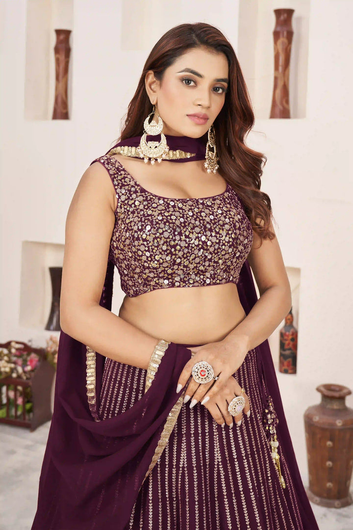 Wine Georgette Lehenga Choli | Embroidered Designer Wear for Wedding & Festive