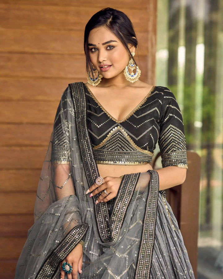 Chinon Lehenga Set | Soft Net Dupatta & Sequin Embroidery for Weddings