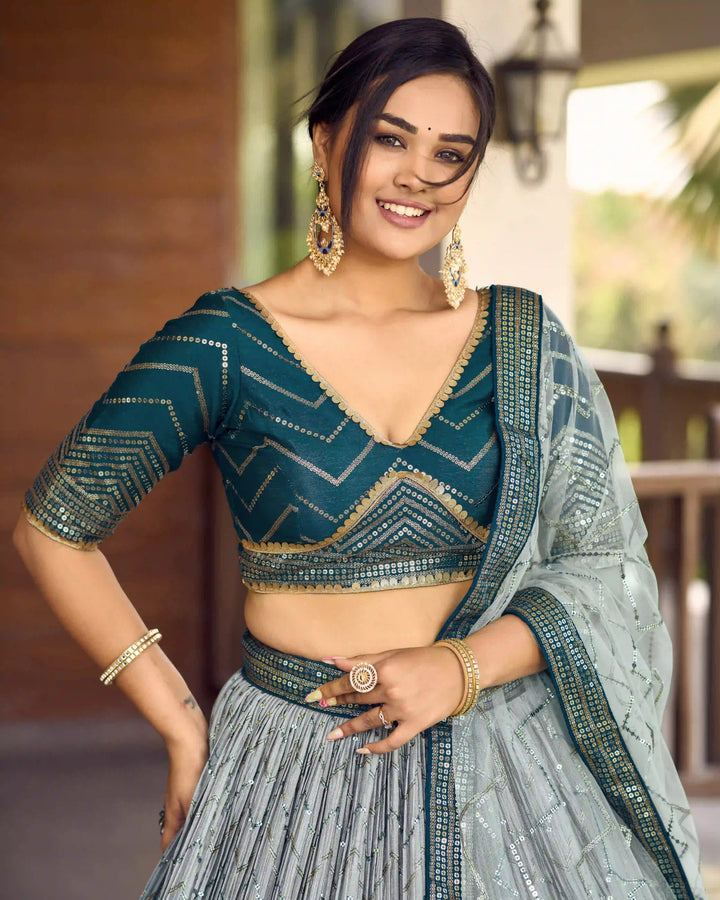 Chinon Lehenga Set | Soft Net Dupatta & Sequin Embroidery for Weddings