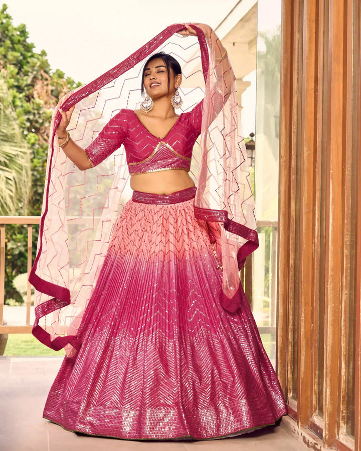 Chinon Lehenga Set | Soft Net Dupatta & Sequin Embroidery for Weddings
