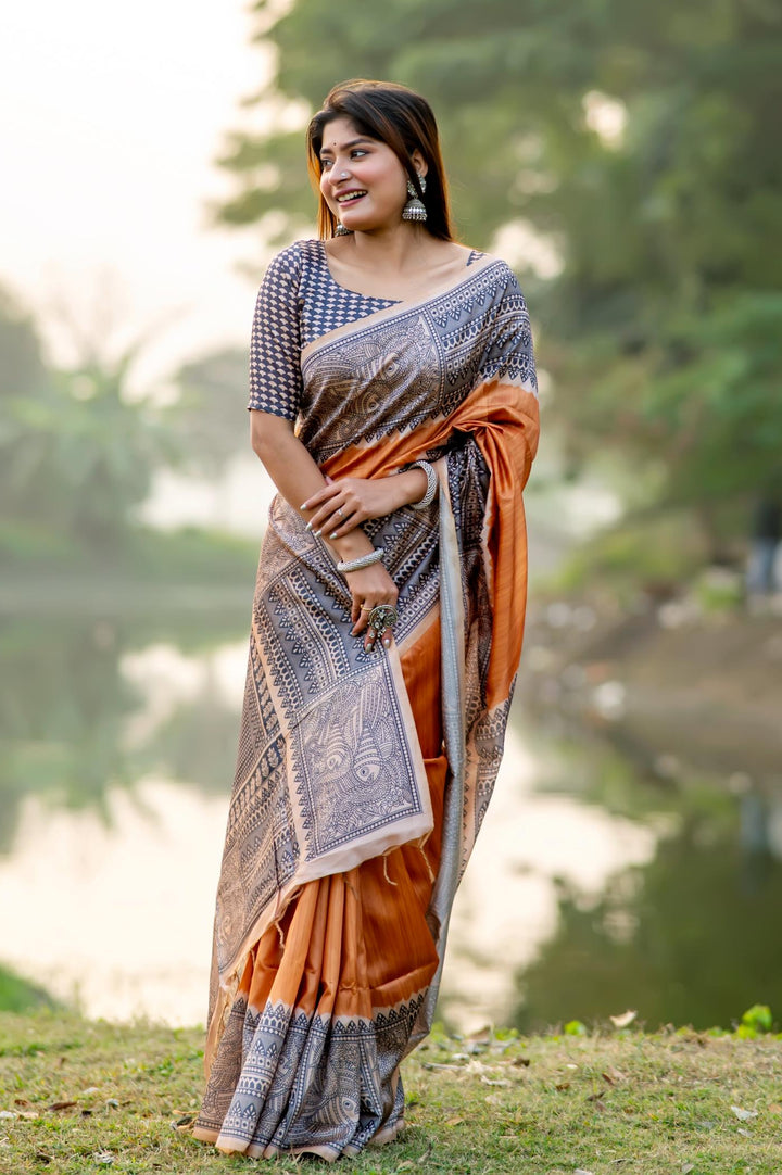 Tussar Silk Madhubani Printed Saree | Perfect for Weddings & Special Events