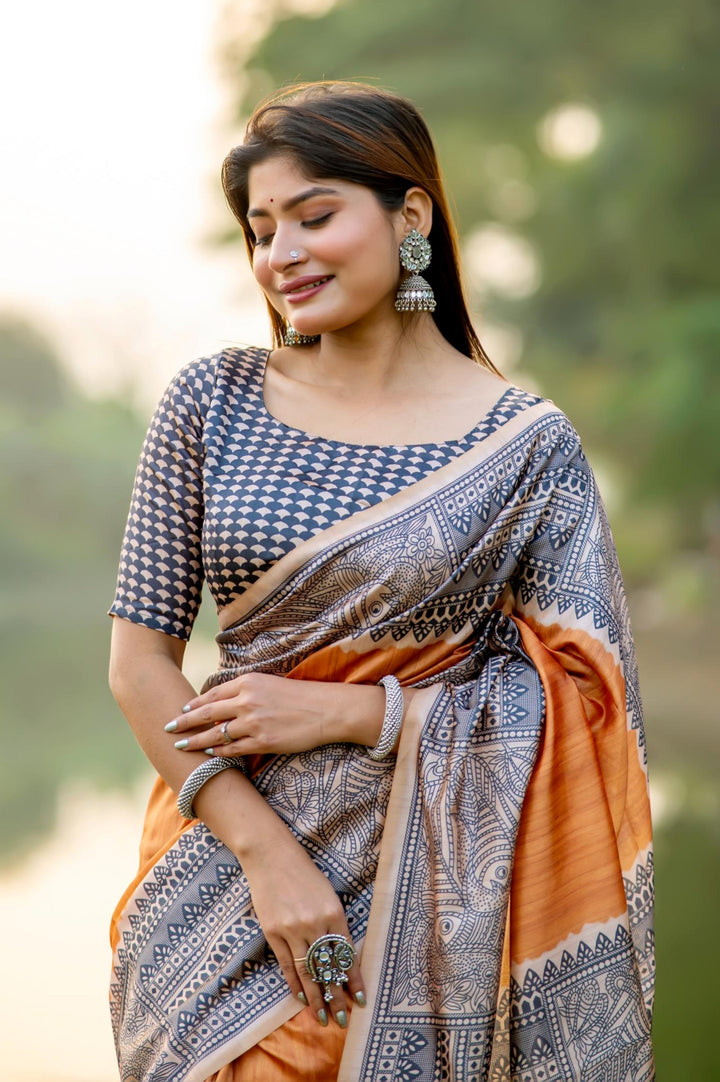 Tussar Silk Madhubani Printed Saree | Perfect for Weddings & Special Events