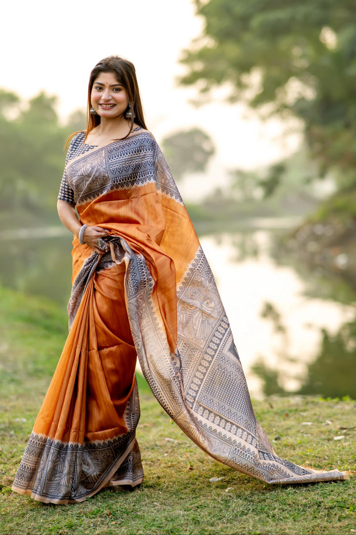 Tussar Silk Madhubani Printed Saree | Perfect for Weddings & Special Events