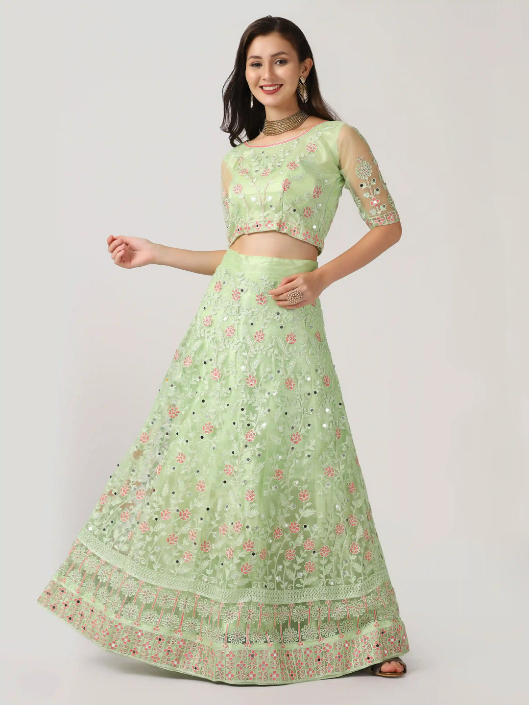 Stunning Parrot Green Net Lehenga | Intricate Designer Embroidery Work