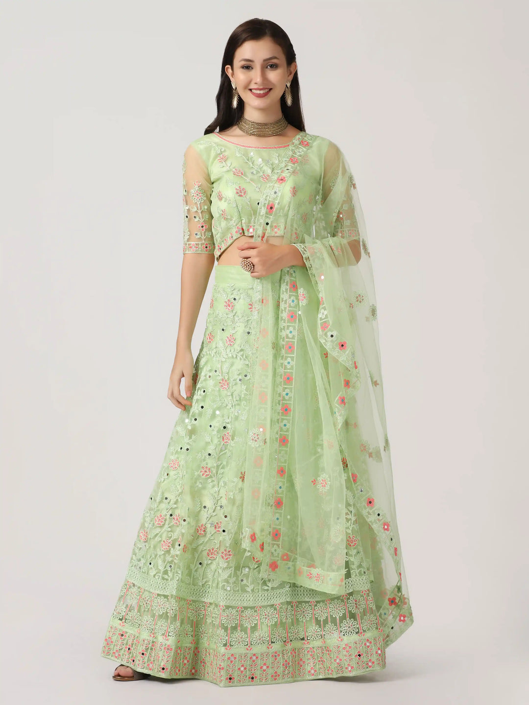 Stunning Parrot Green Net Lehenga | Intricate Designer Embroidery Work