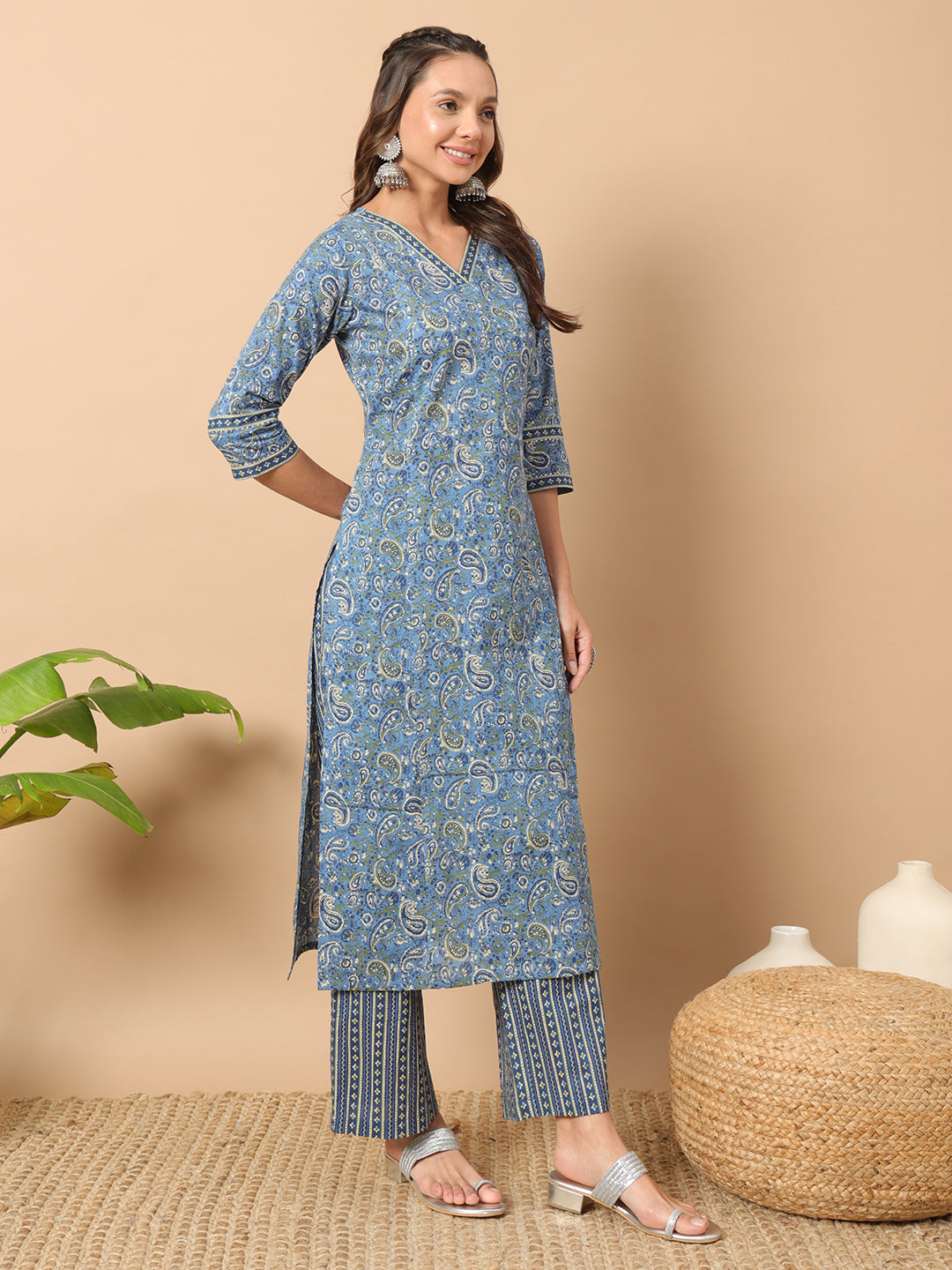 Blue Cotton Kurti Set with Bottom | Designer Printed Women’s Outfit