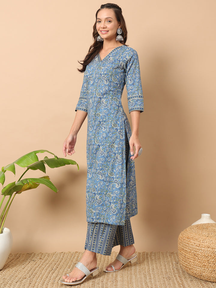 Blue Cotton Kurti Set with Bottom | Designer Printed Women’s Outfit