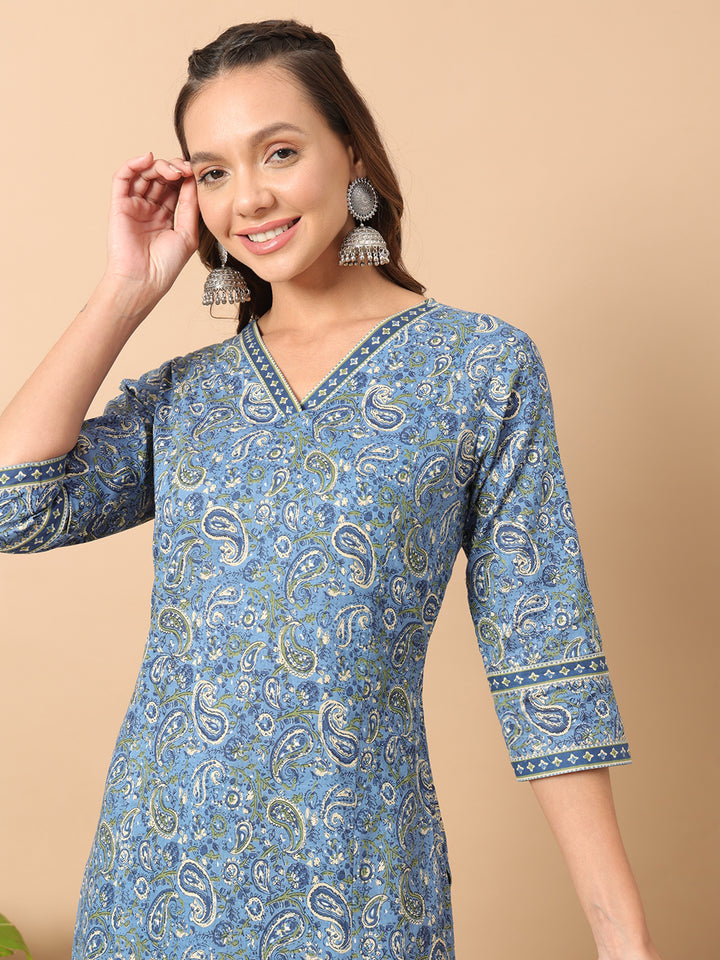 Blue Cotton Kurti Set with Bottom | Designer Printed Women’s Outfit