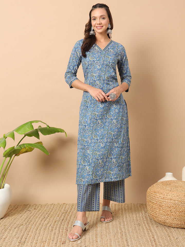 Blue Cotton Kurti Set with Bottom | Designer Printed Women’s Outfit