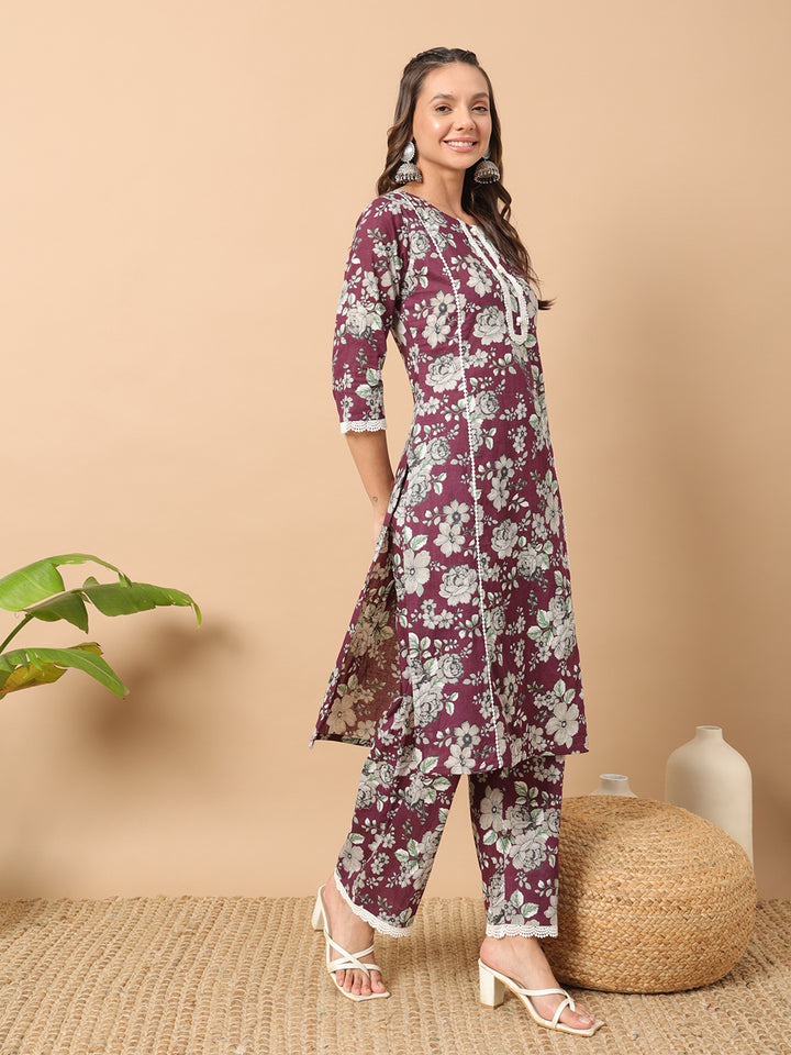 Wine Cotton Kurti Pant Set for Women | Designer Ethnic Wear