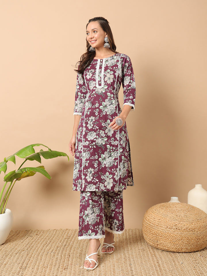Wine Cotton Kurti Pant Set for Women | Designer Ethnic Wear
