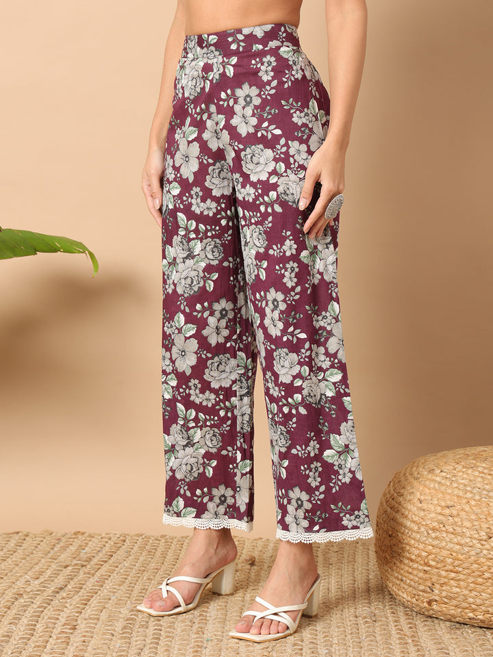 Wine Cotton Kurti Pant Set for Women | Designer Ethnic Wear