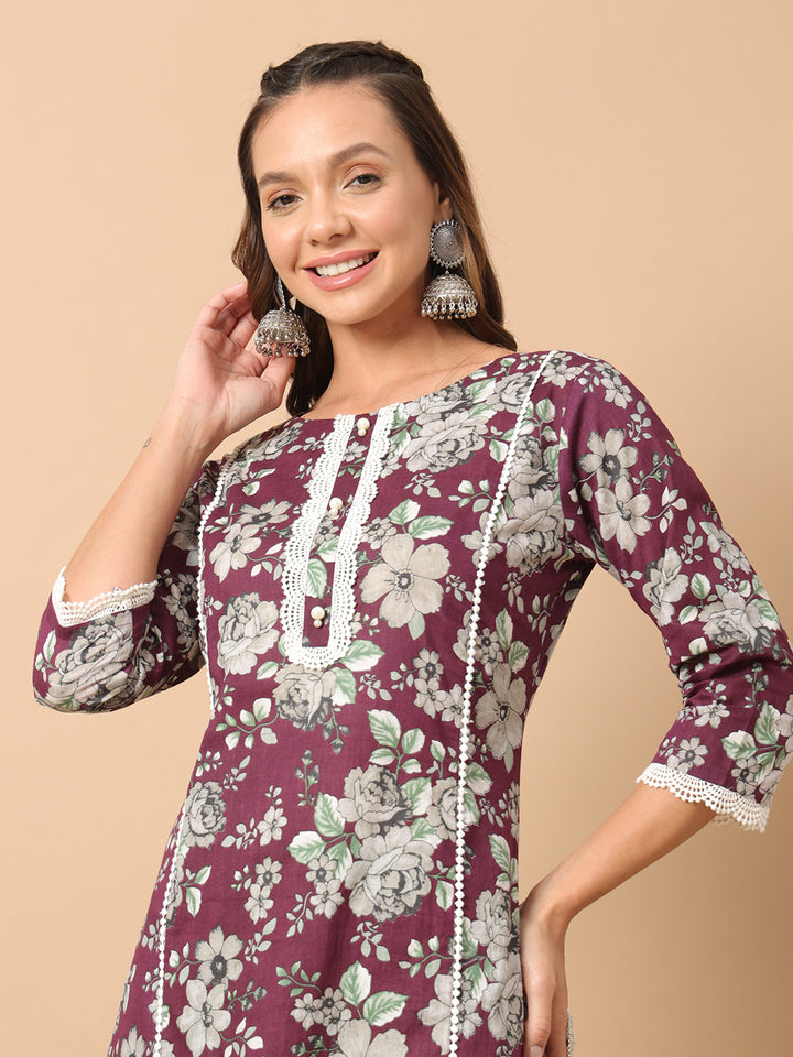 Wine Cotton Kurti Pant Set for Women | Designer Ethnic Wear