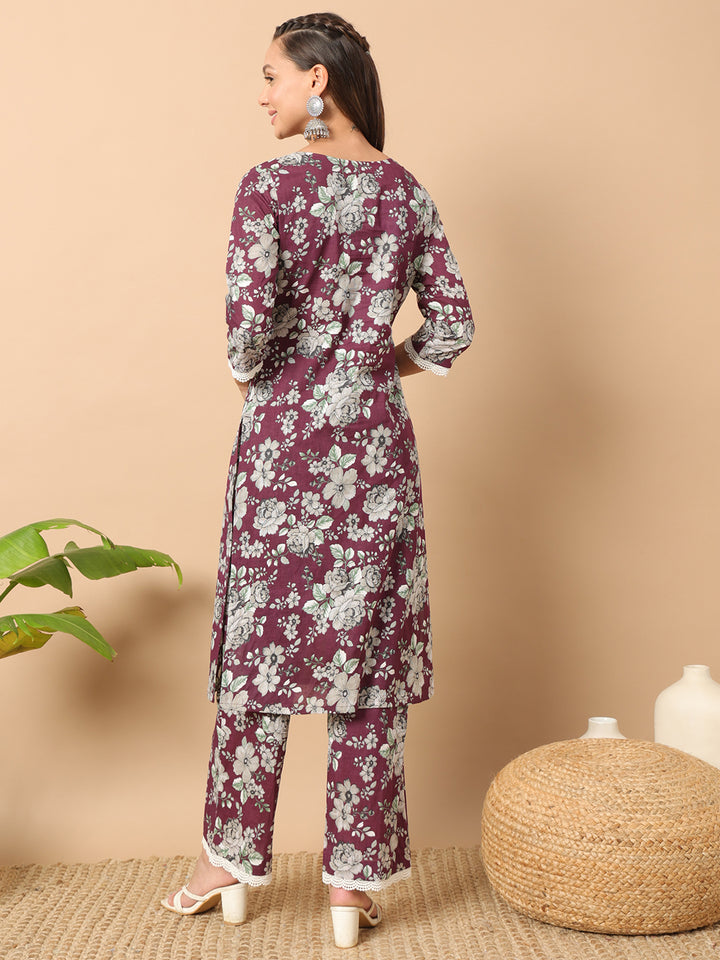 Wine Cotton Kurti Pant Set for Women | Designer Ethnic Wear