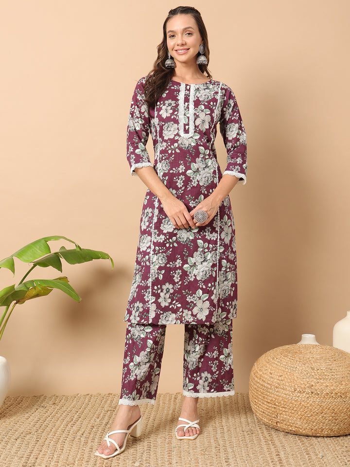 Wine Cotton Kurti Pant Set for Women | Designer Ethnic Wear