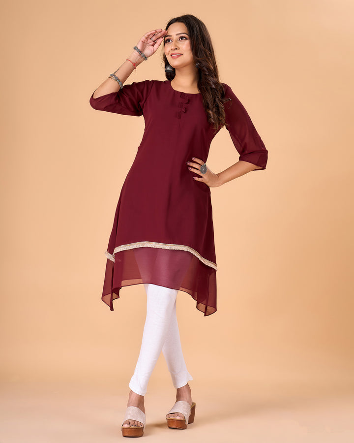 Handcrafted Wine Georgette Kurti for Women | Stylish Solid Ethnic Wear