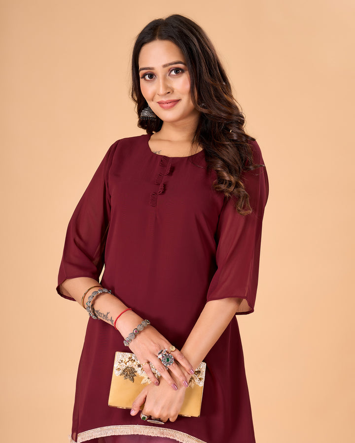 Handcrafted Wine Georgette Kurti for Women | Stylish Solid Ethnic Wear