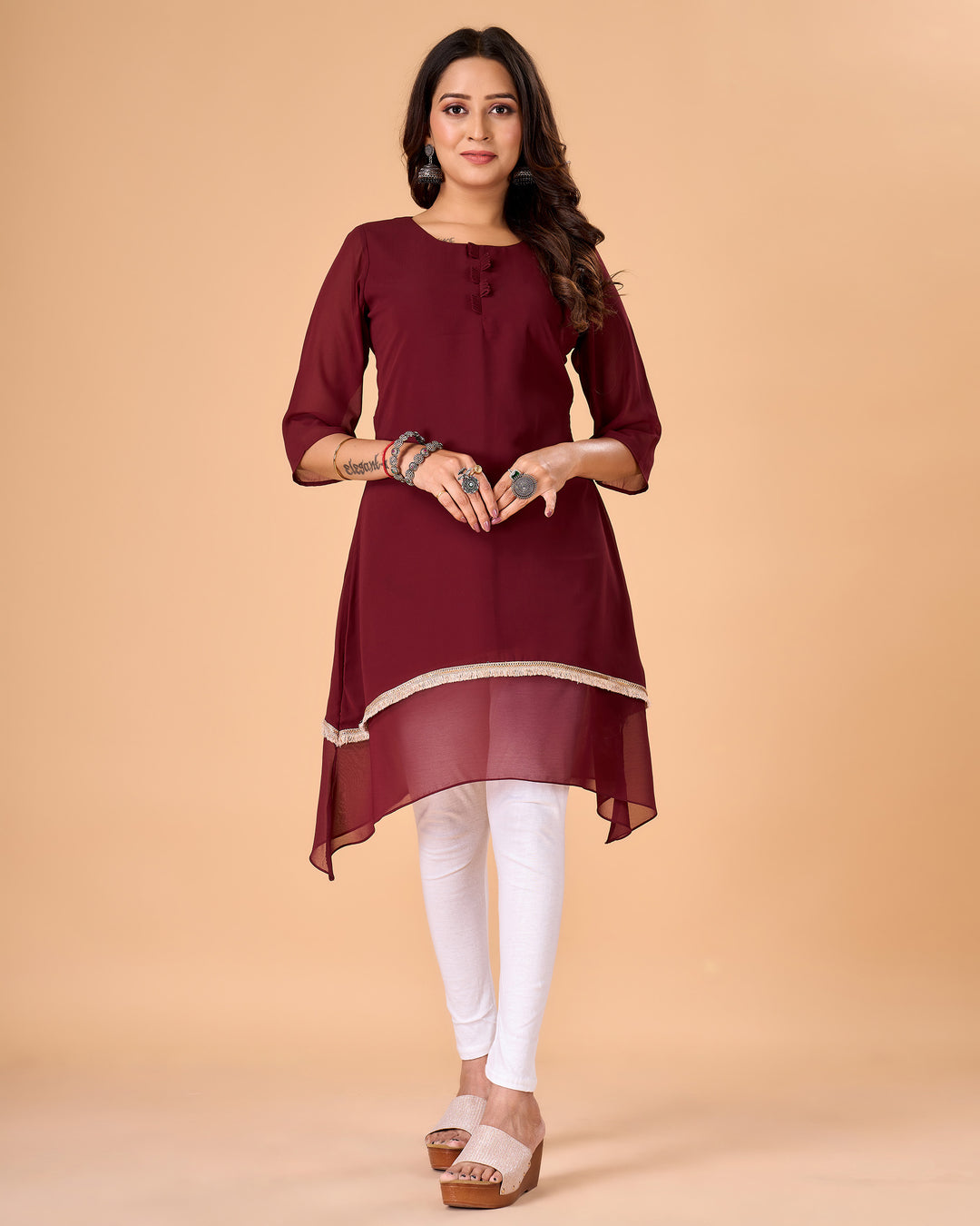 Handcrafted Wine Georgette Kurti for Women | Stylish Solid Ethnic Wear