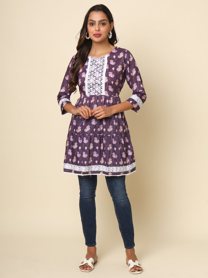 Elegant Purple Cotton Kurti | Designer Printed Ethnic Wear with Lace