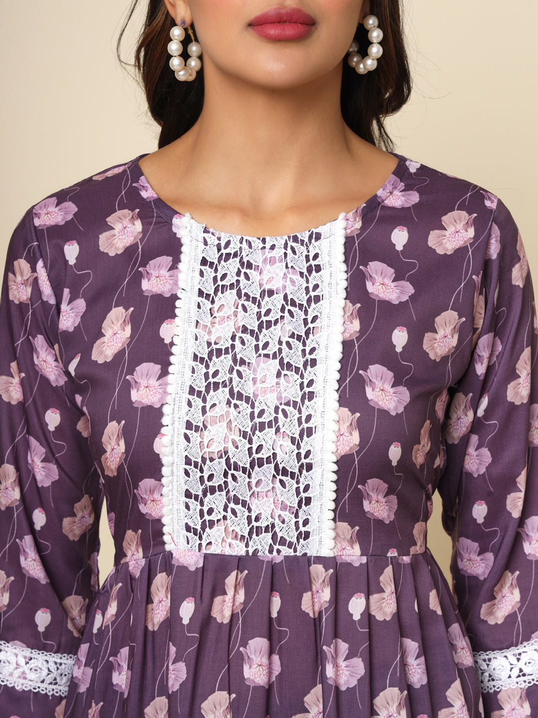 Elegant Purple Cotton Kurti | Designer Printed Ethnic Wear with Lace