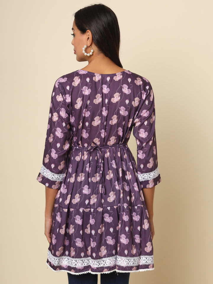 Elegant Purple Cotton Kurti | Designer Printed Ethnic Wear with Lace