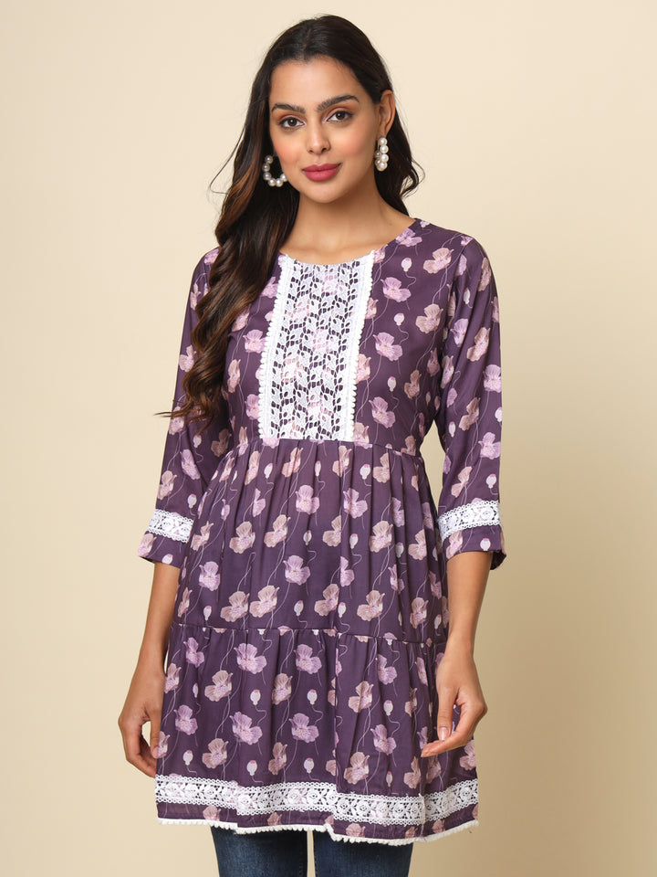 Elegant Purple Cotton Kurti | Designer Printed Ethnic Wear with Lace