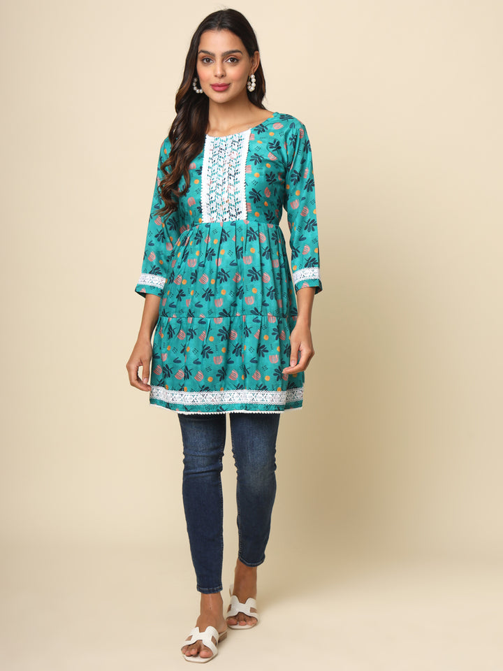 Refreshing Sea Green Cotton Kurti | Designer Printed Lace Ethnic Wear