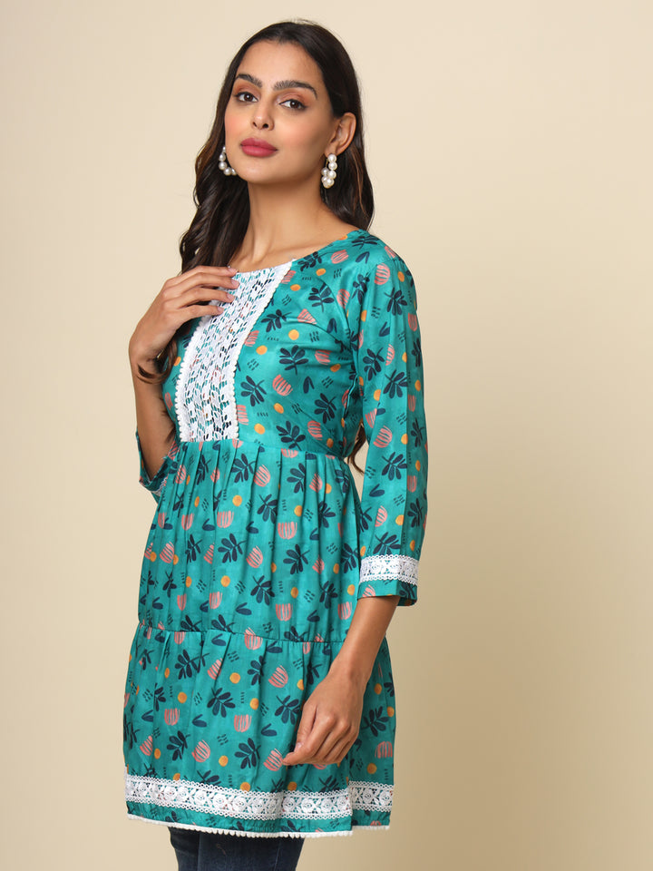 Refreshing Sea Green Cotton Kurti | Designer Printed Lace Ethnic Wear
