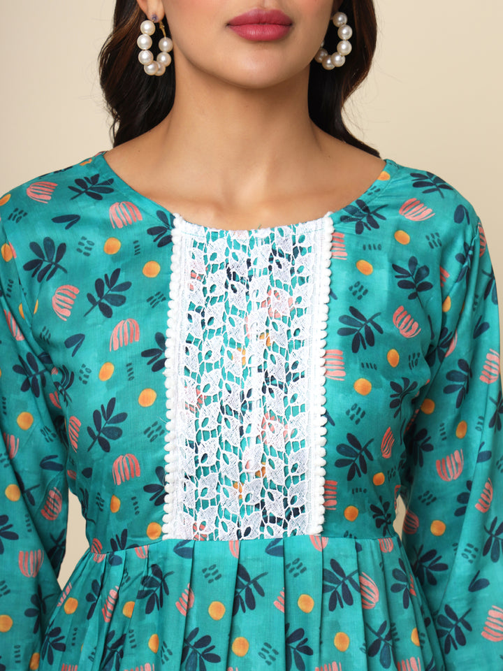 Refreshing Sea Green Cotton Kurti | Designer Printed Lace Ethnic Wear