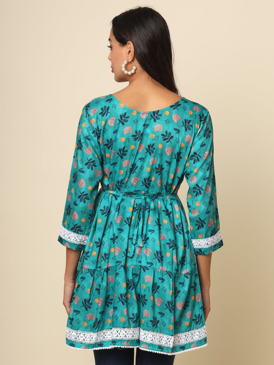 Refreshing Sea Green Cotton Kurti | Designer Printed Lace Ethnic Wear