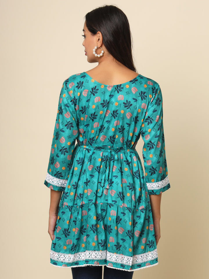 Refreshing Sea Green Cotton Kurti | Designer Printed Lace Ethnic Wear