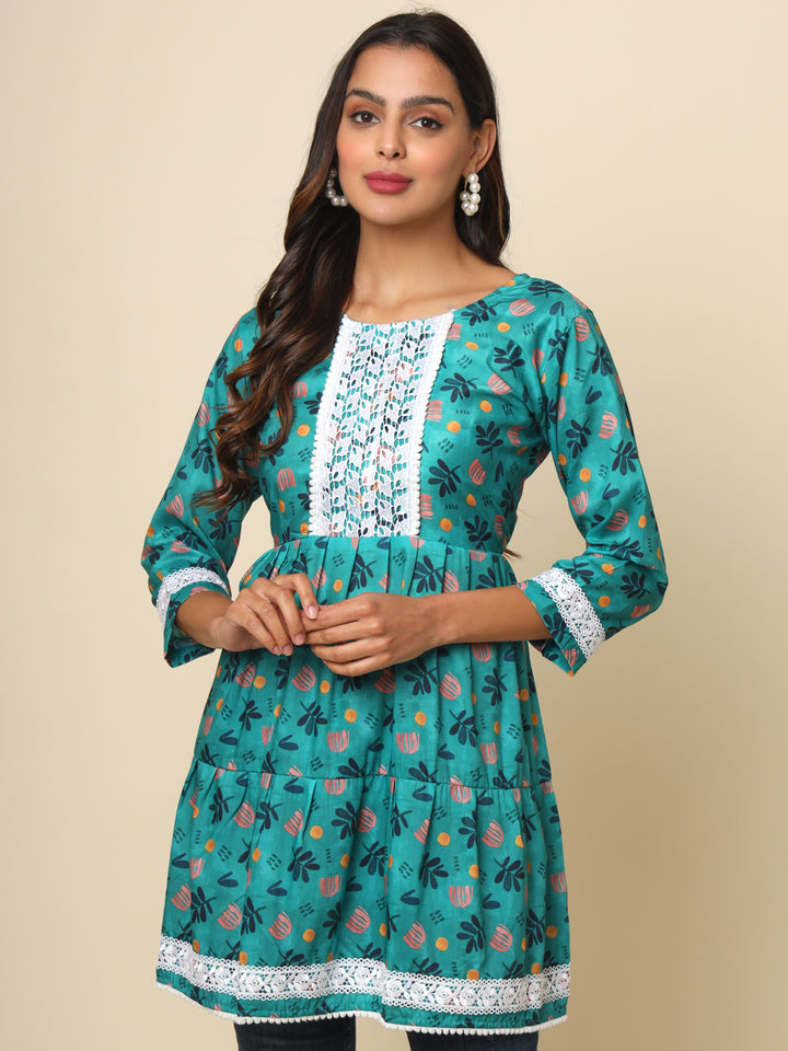 Refreshing Sea Green Cotton Kurti | Designer Printed Lace Ethnic Wear