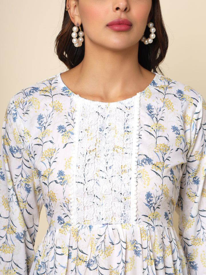 Stylish Off White Kurta | Cotton Printed Kurti with Lace Detailing