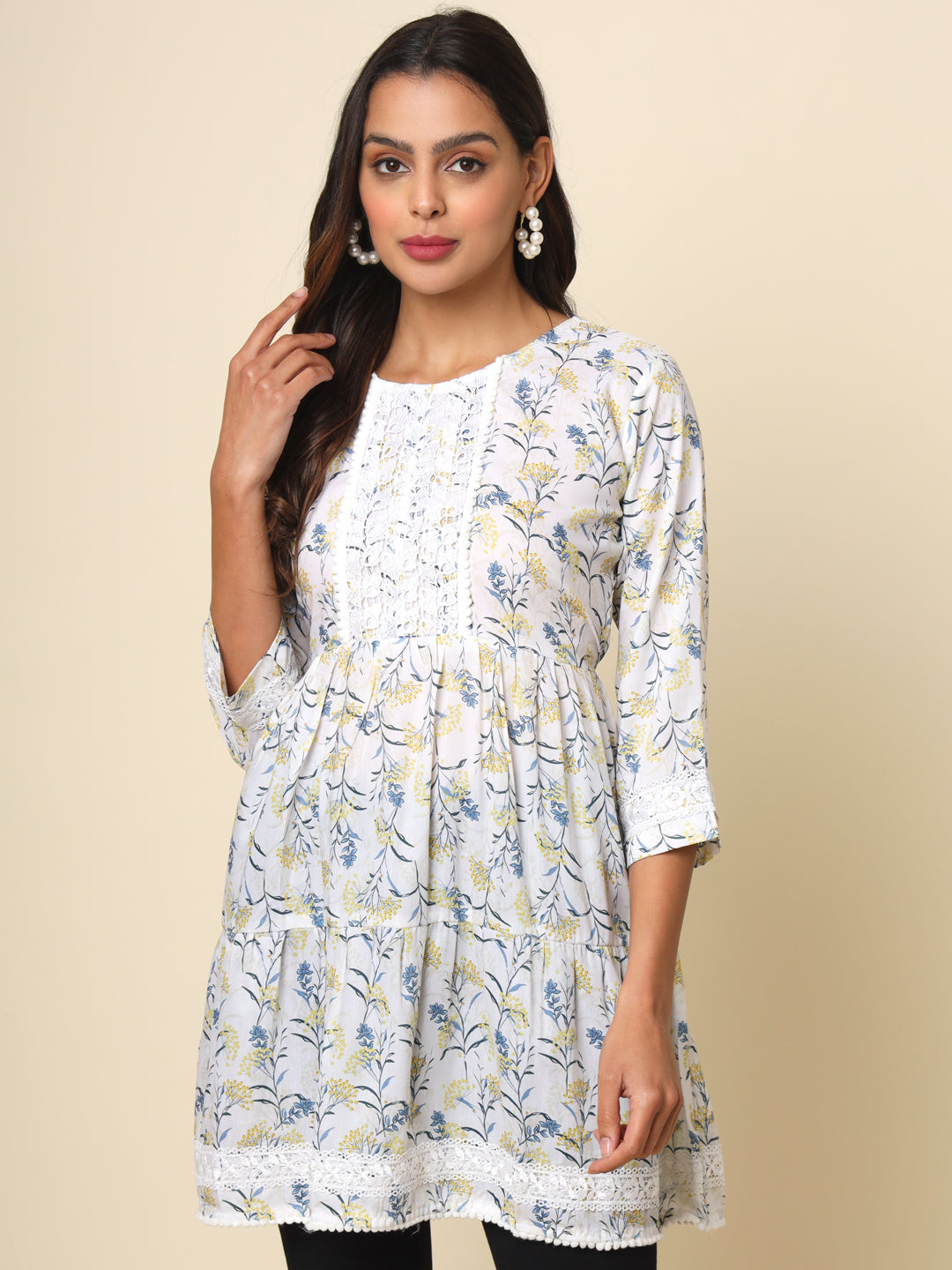 Stylish Off White Kurta | Cotton Printed Kurti with Lace Detailing