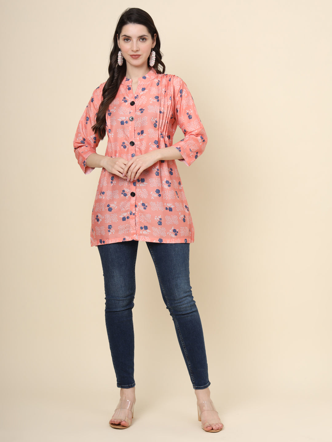 Elegant Peach Kurti | Designer Printed Cotton Short Wear