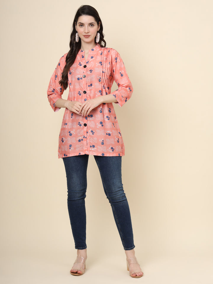 Elegant Peach Kurti | Designer Printed Cotton Short Wear