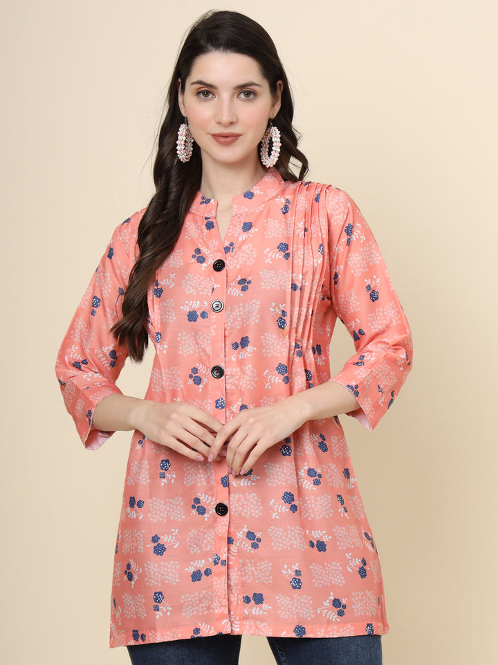 Elegant Peach Kurti | Designer Printed Cotton Short Wear