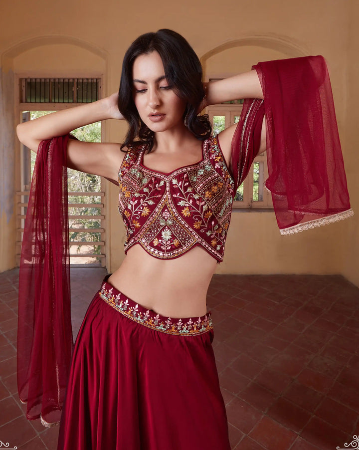 Stylish Maroon Lehenga Choli | Rangoli Fabric & Handwork